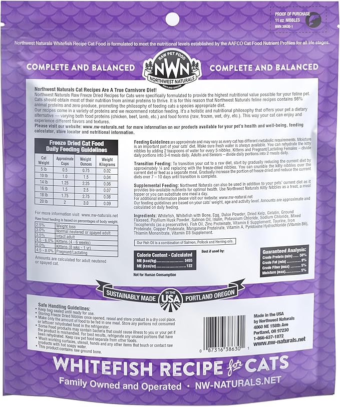 Northwest Naturals Freeze-Dried Whitefish Cat Food - Bite-Sized Nibbles - Healthy, Limited Ingredients, Human Grade Pet Food, All Natural - 11 Oz (Pack of 3) (Packaging May Vary)