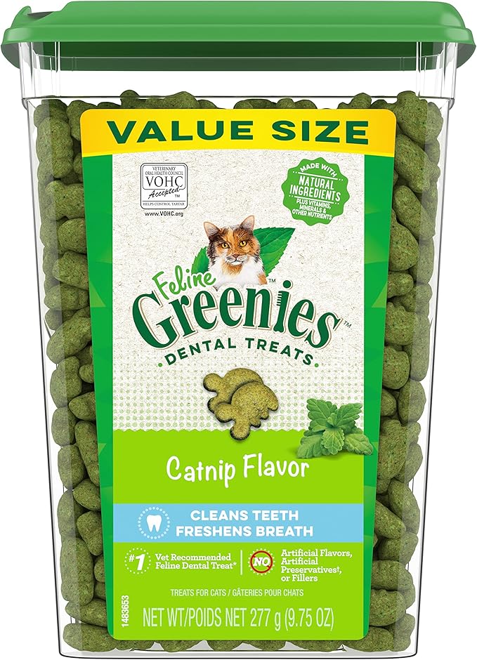 Greenies Feline Adult Natural Dental Care Cat Treats, Catnip Flavor, 9.75 oz. Tub