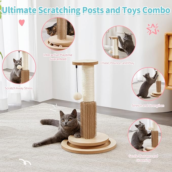 Made4Pets Cat Scratching Post 18" Tall for Small Kittens, 4-in-1 Cat Scratcher with Natural Sisal Ropes, Wooden Turntable Track Toy with Self Grooming Brush, Premium Scratch Pole with Plush Balls