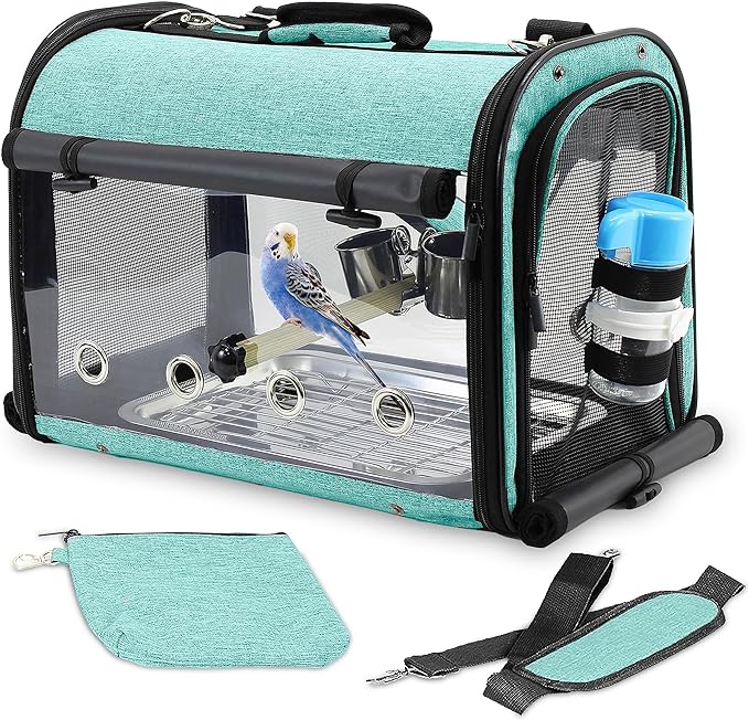 Bird Travel Carrier Portable Cage Premium Small Pet Bag Carrier for Parakeets, Lovebirds, Finch, and Canaries - Airlines Airplane Plane Approved (Teal)