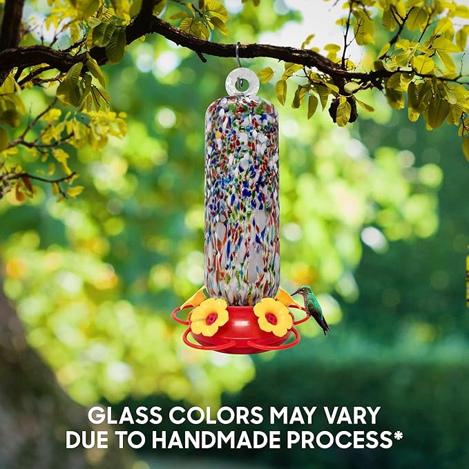 Superior Effect Hand Blown Glass Hummingbird Feeder, Flower Design 5 Bird Feeding Station, Garden Backyard Decorative, Containing Ant Moat Multicolor Easy Setup Bird Feeder, SE-0002