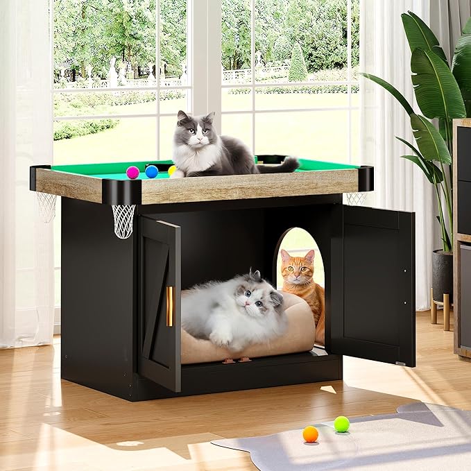 DWVO 2-in-1 Litter Box Enclosure Hidden with Cat Pool Table, Cat Litter Box Enclosure Furniture for Indoor, Wooden Cat Cabinet with Mini Pool Table Tower, 1 Feather Teaser Sticks & 6 Felt Balls, Black