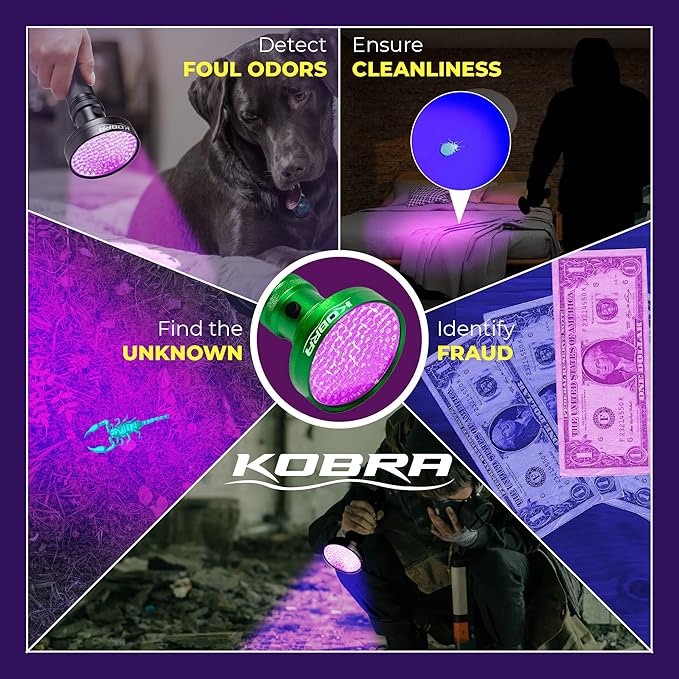 Kobra Black Light Flashlight 100 LED Lamp and Blacklight for Home & Hotel Inspection, Pet Urine & Stains - Ultra Intensity 18W 385-395nm LEDs Spot Counterfeit Money, Leaks, Scorpions (100 LED) (Green)