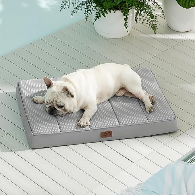 Bedsure Cooling Gel Foam Dog Bed for Large Dogs, Waterproof Orthopedic Egg Foam Dog Bed for Outdoor, Summer Comfort Pet Mats for Crate with Washable Cover(30"x20", Grey)