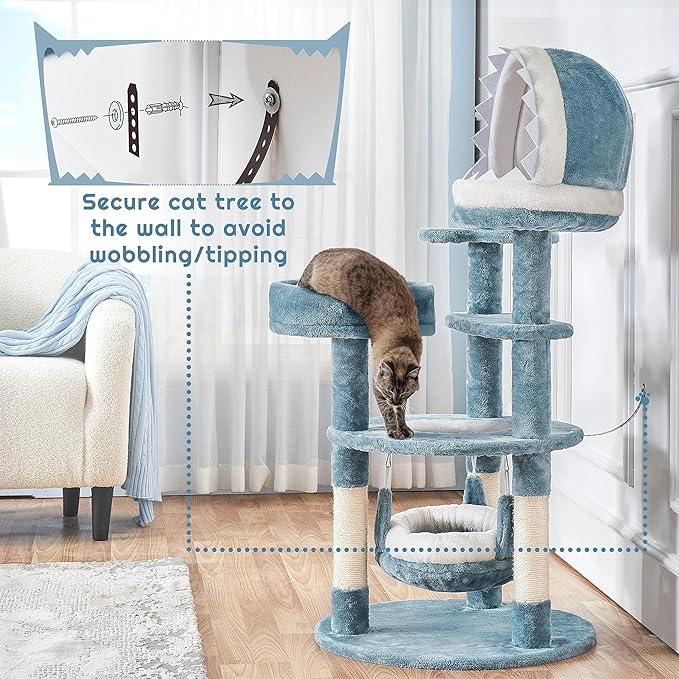 Yaheetech 45.5in Ocean-Themed Cat Tree Multi-Level Cat Tower, Plush Cat Furniture with Shark's Mouth-Shaped Nest, Sea Star-Shaped Perch, Jellyfish-Style Hammock for Indoor Cat Kitty