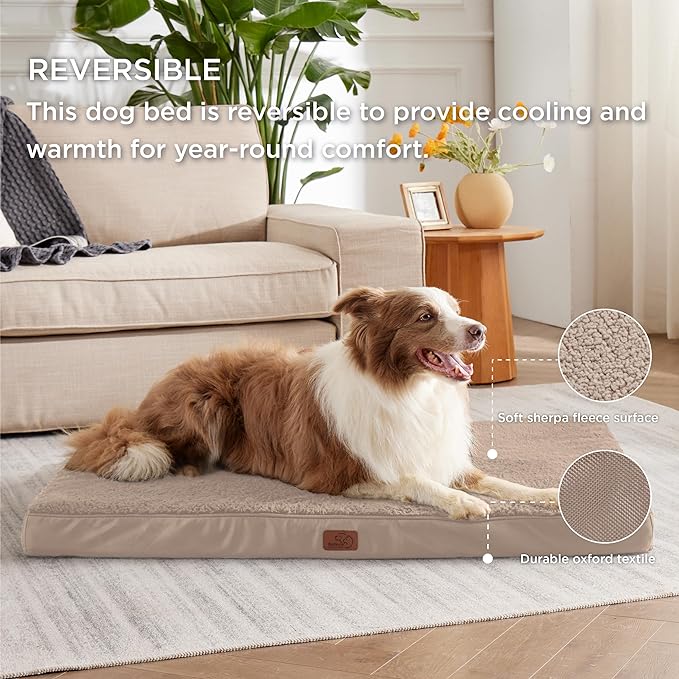 Bedsure Extra Large Dog Crate Bed - Big Orthopedic Waterproof Dog Beds with Removable Washable Cover for Large Dogs, Egg Crate Foam Pet Bed Mat, Suitable for Dogs Up to 100 lbs, Light Brown