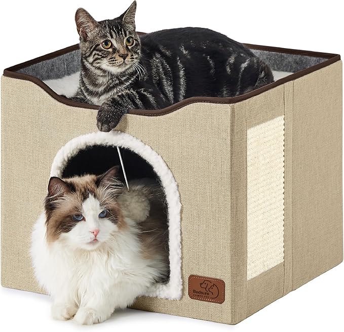 Bedsure Cat Beds for Indoor Cats - Large Cat Cave for Pet Cat House with Fluffy Ball Hanging and Scratch Pad, Foldable Cat Hideaway,16.5x16.5x13 inches, Brown