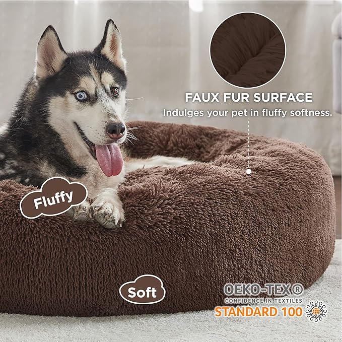 Bedsure Calming Dog Bed for Large Dogs - Donut Washable Large Pet Bed, 36 inches Anti-Slip Round Fluffy Plush Faux Fur Dog Bed, Fits up to 100 lbs Pets, Coffee