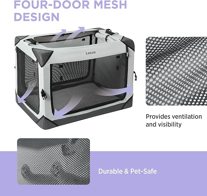 Lesure Collapsible Dog Crate - Portable Dog Travel Crate Kennel for Large Dog, 4-Door Pet Crate with Durable Mesh Windows, Indoor & Outdoor (Light Gray)