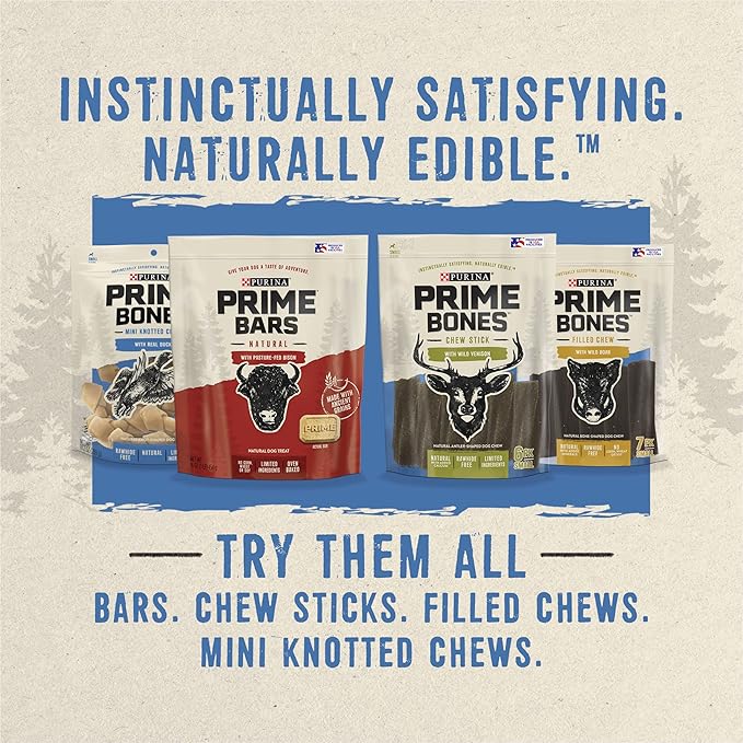 Prime Bones Purina Mini Knotted Chews Rawhide Free, Natural Dog Treats with Real Duck - 26 ct. Pouch, 16.5 oz