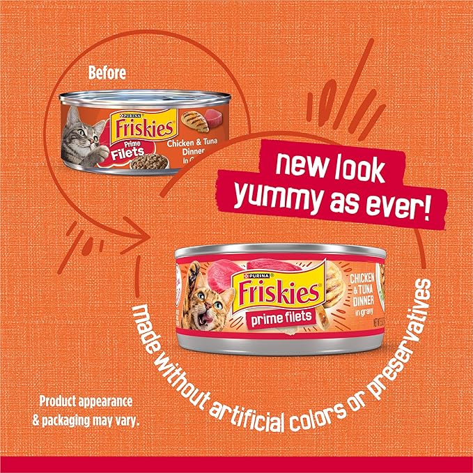 Purina Friskies Gravy Wet Cat Food, Prime Filets Chicken & Tuna Dinner in Gravy - (Pack of 24) 5.5 oz. Cans