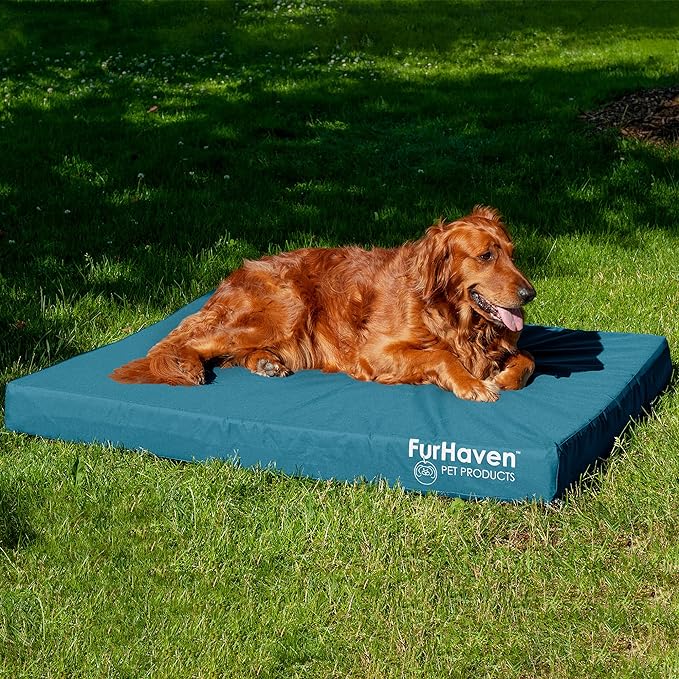 Furhaven Water-Resistant Cooling Gel Dog Bed for Large Dogs w/ Removable Washable Cover, For Dogs Up to 95 lbs - Indoor/Outdoor Logo Print Oxford Polycanvas Mattress - Deep Lagoon, Jumbo/XL