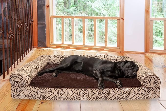Furhaven Orthopedic Dog Bed for Large Dogs w/ Removable Bolsters & Washable Cover, For Dogs Up to 125 lbs - Plush & Southwest Kilim Woven Decor Sofa - Desert Brown, Jumbo Plus/XXL
