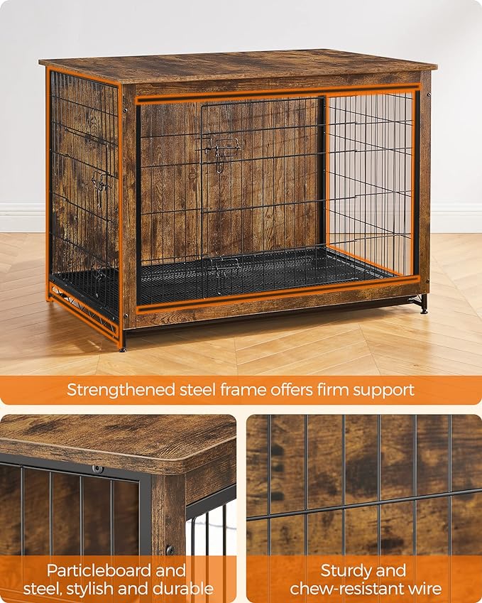 Feandrea Dog Crate Furniture, Side End Table, Modern Kennel for Dogs Indoor up to 80 lb, Heavy-Duty Dog Cage with Multi-Purpose Removable Tray, Double-Door Dog House, Rustic Brown UPFC004X01