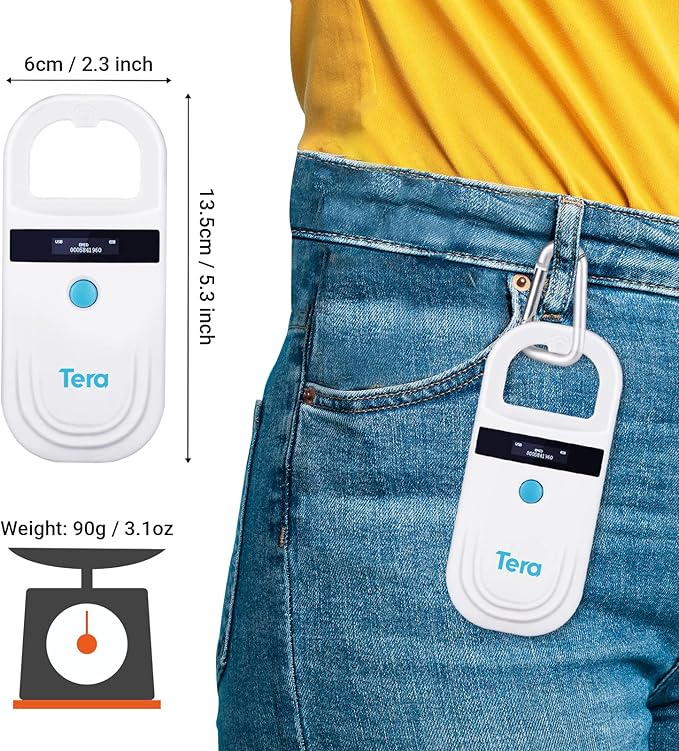 Tera Pet Microchip Reader Scanner with D-Ring RFID Portable Animal Chip ID Scanner with OLED Display Screen Rechargeable Data Storage Tag Scanner EMID FDX-B(ISO11784/85) for Dog Animal Management W80