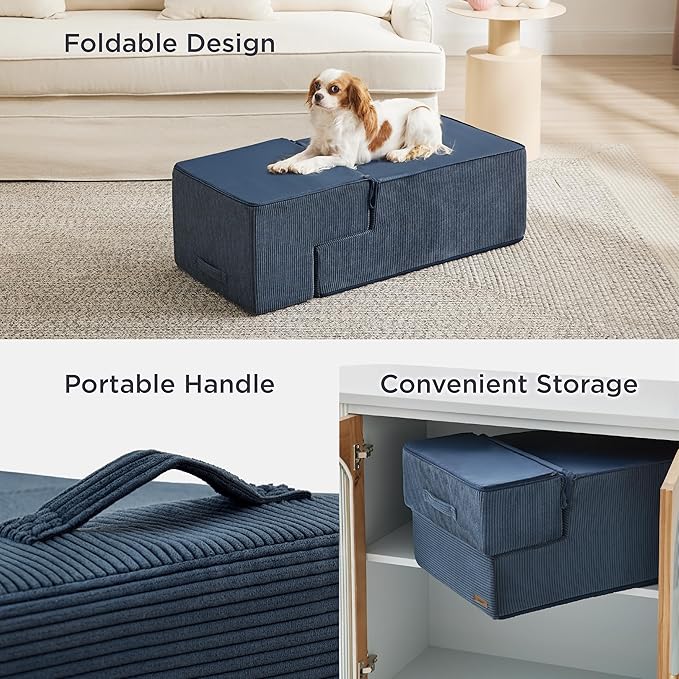 Lesure Dog Stairs for High Beds, Extra Wide Pet Stairs, 3-Steps Dog Steps for Medium/Small Dogs and Old Cats, Foldable Dog Steps with CertiPUR-US Certified Foam and Non-Slip Bottom, Navy