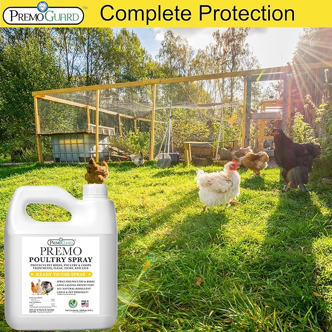 Poultry Spray by Premo Guard – Treat Mites, Fleas, Flies, and Lice – Fast Acting & Effective – Chicken, Turkey, Waterfowl, and Birds – Best Natural Protection for Control & Prevention – 128 oz