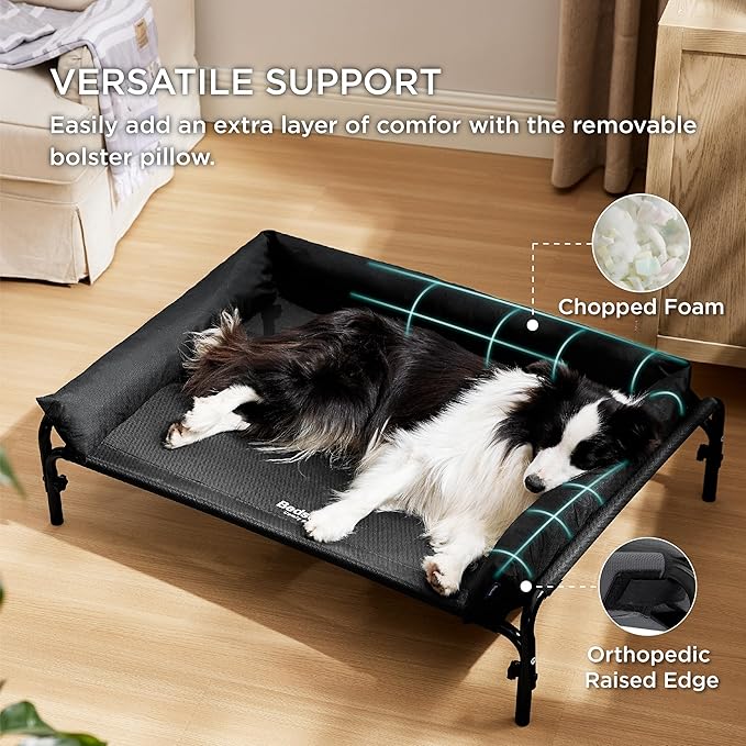 Bedsure XL Elevated Raised Outdoor Dog Bed - Cooling Dog Cot Bed with Bolster for Extra Large Dog, Lifted Pet Bed with Breathable Teslin Mesh, Dog Hammock Bed with Non-Slip Feet, Black, 42 inches