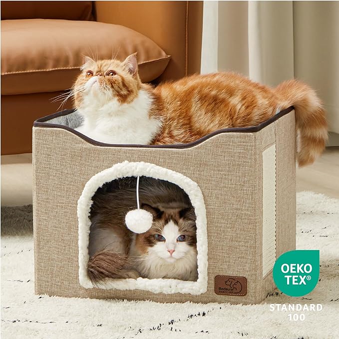 Bedsure Cat Beds for Indoor Cats - Large Cat Cave for Pet Cat House with Fluffy Ball Hanging and Scratch Pad, Foldable Cat Hideaway,16.5x16.5x13 inches, Brown