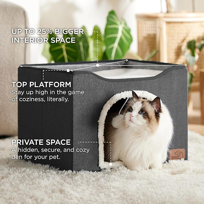 Bedsure Cat Beds for Indoor Cats - Large Cat Cave for Pet Cat House with Fluffy Ball Hanging and Scratch Pad, Foldable Cat Hideaway,16.5x16.5x13 inches, Dark Grey