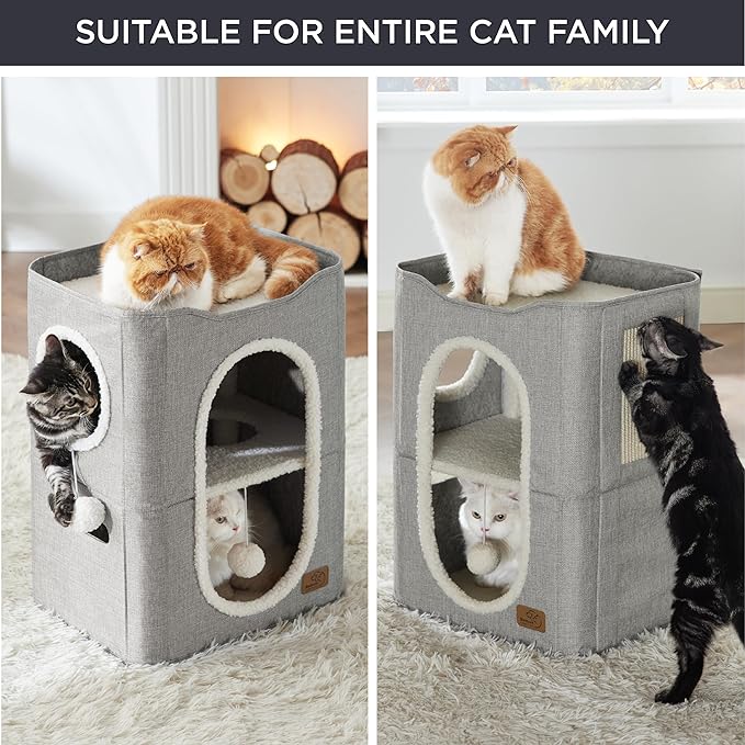 Bedsure 2-Level Cat House for Indoor Cats - Small Cat Towers with Scratch Pad and Hideaway Condo, Cat Cave Bed Furniture for Multi Pets and Large Cats, 18x14x23 inches, Grey