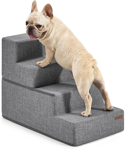 Lesure Dog Stairs for Small Dogs - Pet Stairs for High Beds and Couch, Folding Pet Steps with CertiPUR-US Certified Foam for Cat and Doggy, Non-Slip Bottom Dog Steps, Grey Linen, 4 Steps