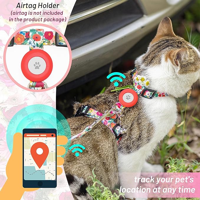 CUSOZWO Cat Harness and Leash Escape Proof for Walking Travel Outdoor - Cute Floral Nylon Adjustable Cute Cat Harness Leash Set with Airtag Holder for Small Large Cats