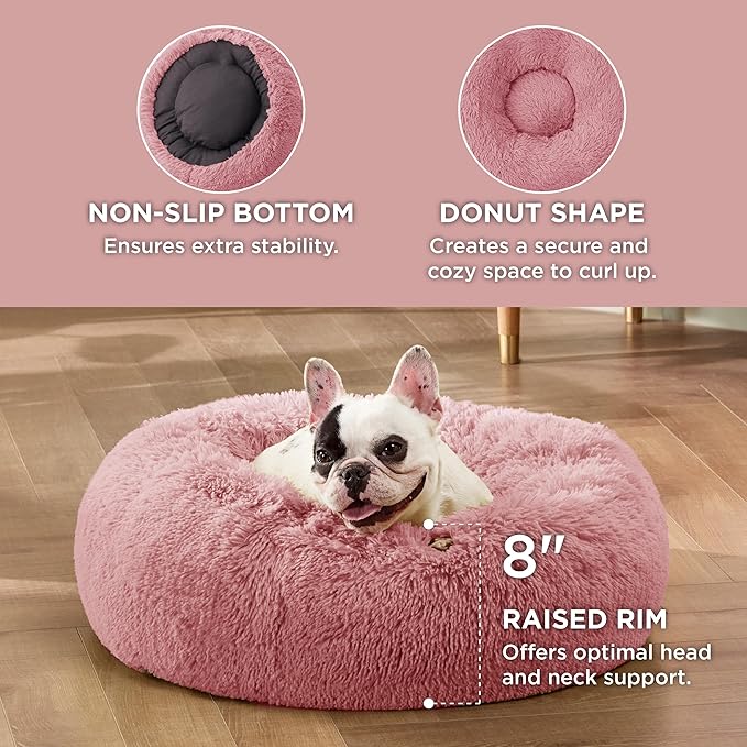 Bedsure Calming Dog Bed for Small Dogs - Donut Washable Small Pet Bed, 23 inches Anti-Slip Round Fluffy Plush Faux Fur Large Cat Bed, Fits up to 25 lbs Pets, Mauve Blush