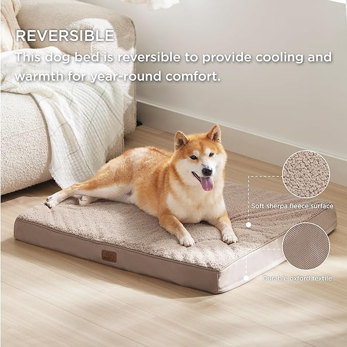 Bedsure Large Dog Bed for Large Dogs - Big Orthopedic Waterproof Dog Beds with Removable Washable Cover, Egg Crate Foam Pet Bed Mat, Suitable for Dogs Up to 75 lbs, Light Brown