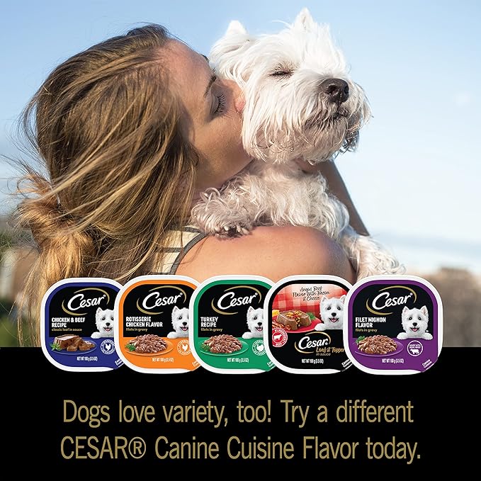 CESAR Adult Wet Dog Food Loaf in Sauce Rotisserie Chicken, Filet Mignon, Angus Beef, and Ham & Egg Flavors Variety Pack, 3.5 oz. Easy Peel Trays, (Pack of 24)