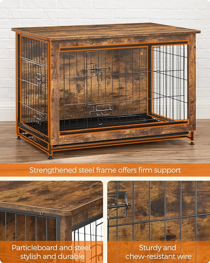 Feandrea Dog Crate Furniture, Side End Table, Modern Kennel for Dogs Indoor up to 70 lb, Heavy-Duty Dog Cage with Multi-Purpose Removable Tray, Double-Door Dog House, Rustic Brown UPFC003X01