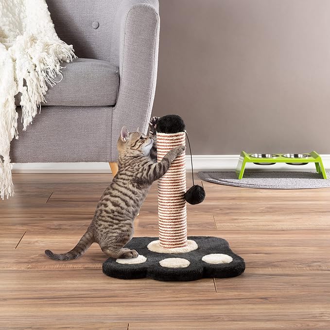 Cat Scratching Post ? Sisal Fabric and Carpet Small Cat Tree, Paw Shaped Base, Hanging Ball Toy for Adult Cats and Kittens by PETMAKER (Black/Tan)