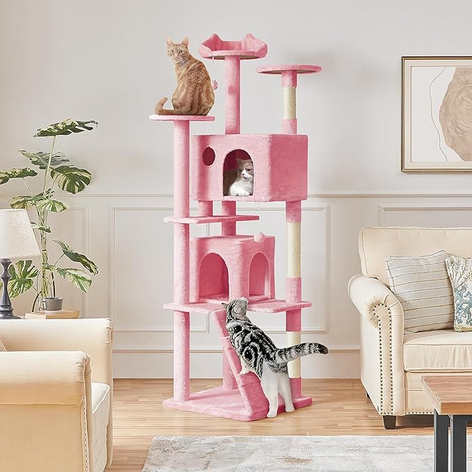 Yaheetech XL Cat Tree, 80in Multi-Level Cat Tower w/Cat Scratching Posts, Double Cat Condo, Perched Platforms and Dangling Balls, Cat Activity Center for Kittens Pets, Pink