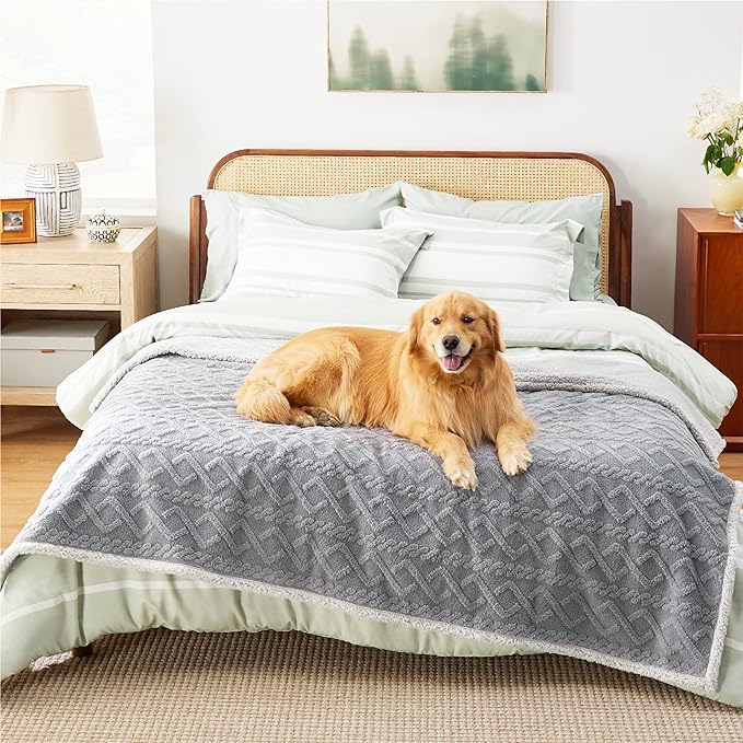 Bedsure Waterproof Dog Blankets for Large Dogs - Pet Blanket for Bed Couch Protector Washable, Premium Jacquard Coral Fleece Cat Throw Blanket, Soft Plush Reversible Furniture Protection, 60x80, Grey