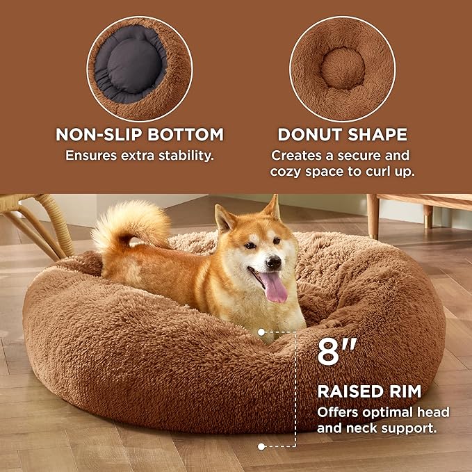 Bedsure Calming Dog Bed for Medium Dogs - Donut Washable Medium Pet Bed, 30 inches Anti-Slip Round Fluffy Plush Faux Fur Cat Bed, Fits up to 45 lbs Pets, Caramel