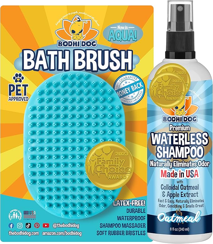 Bodhi Dog Shampoo Brush | Pet Shower & Bath Supplies for Cats & Dogs | Professional Quality Dog Grooming Bath Brush | Long & Short Hair Dog Scrubber (Waterless Shampoo+Brush Bundle, Aqua)