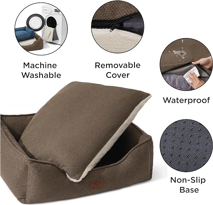 Bedsure Washable Dog Bed for Medium Dogs - Waterproof All-Season Foam Puppy Beds, Orthopedic Rectangle Cuddle Indoor Cat Beds with Removable Zipper Cover, 30x24x9inches, Brown