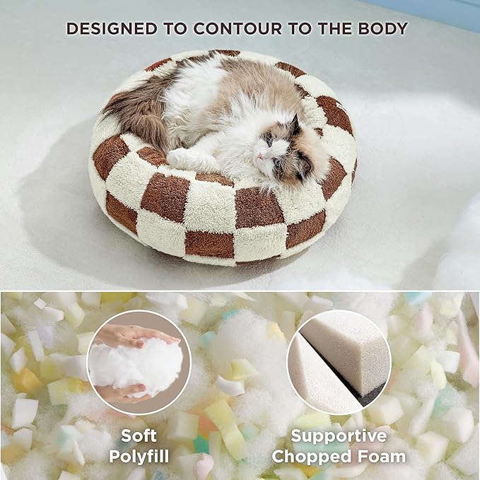 Lesure Donut Small Dog Bed - Round Cat Beds for Indoor Cats Anti-Anxiety Calming Pet Beds, Washable Cute Modern Beds with Teddy Sherpa Plush & Anti Slip Bottom Brwon