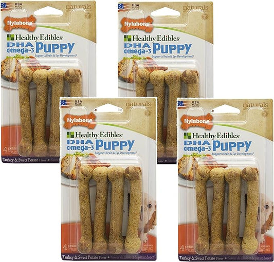 16 Count Nylabone Healthy Edibles Turkey and Sweet Potato Flavored Puppy Dog Treat Bones, Size Petite - (4 Packs with 4 per Pack)