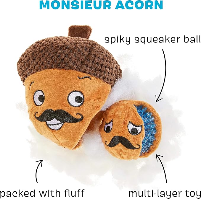 Barkbox 2 in 1 Interactive Plush Dog Toy - Rip and Reveal Dog Toy| Stimulating Squeaky Pet Enrichment and Puppy Toys | Monsieur Acorn | Small Dogs