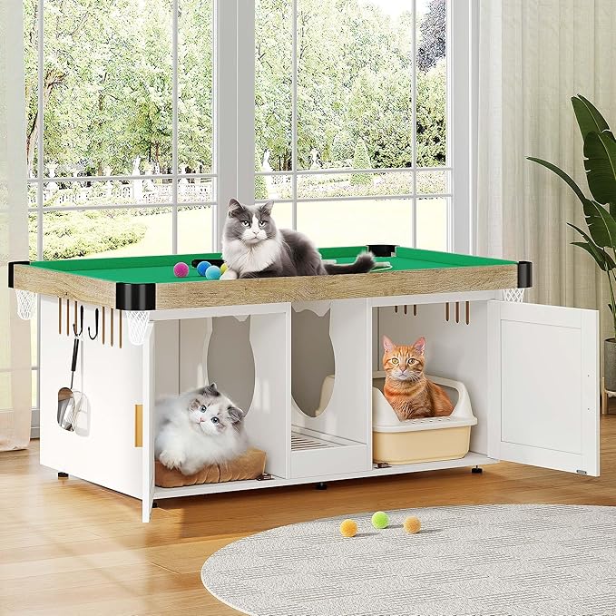 DWVO Cat Litter Box Enclosure for 2 Cats, Litter Box Enclosure Furniture Hidden with Double Room, 2-in-1 Wooden Cat Cabinet with Mini Pool Table Tower, 2 Feather Teaser Sticks & 8 Felt Balls, White