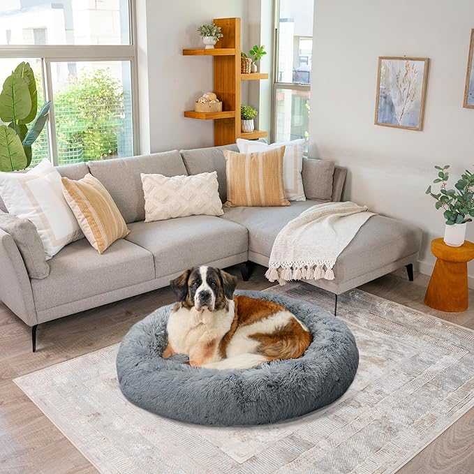 Best Friends by Sheri The Original Calming Donut Cat and Dog Bed in Shag Fur Gray, Extra Large 45"