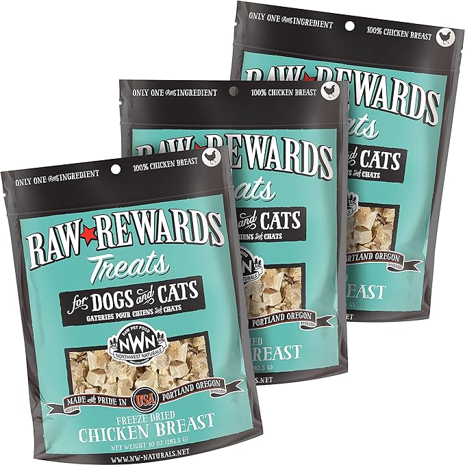 Northwest Naturals Raw Rewards Freeze-Dried Chicken Breast Treats for Dogs and Cats - Bite-Sized Pieces - Healthy, 1 Ingredient, Human Grade Pet Food, Natural - 10 Oz (Pack of 3)