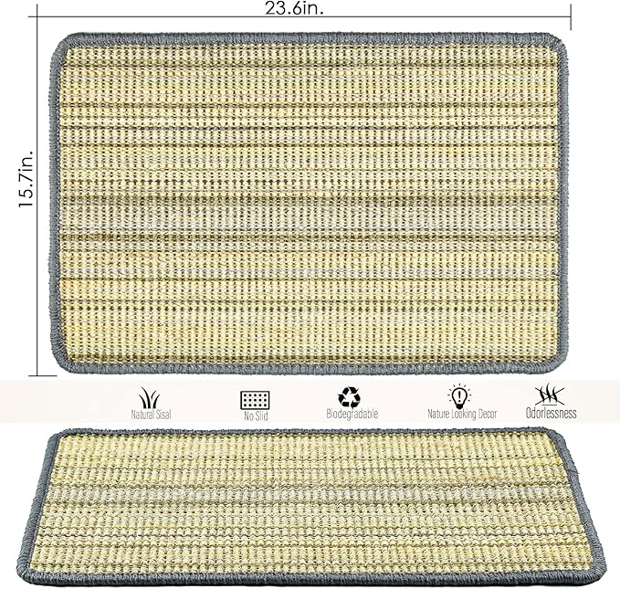 Cat Scratching Pad, 23.6 x 15.7inch Sisal Cat Scratch Mat with Velcro Tapes,Stick on Floor Scratch Pad for Cat Wall Scratcher,Horizontal Cat Scratcher Protect Carpets and Sofa (Striped Style)