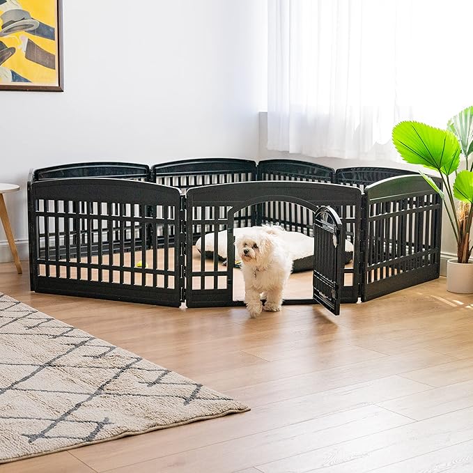 IRIS USA Dog Playpen, 8-Panel 24" Pet Playpen with Door, Puppy Playpen, Indoor/Outdoor Dog Pen, 84 x 84 x 24, Foldable, Customizable, Black