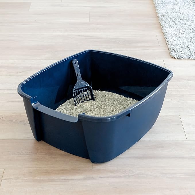 IRIS USA Jumbo Cat Litter Box with Scoop, Open Top High Sided Kitty Litter Pan, Navy