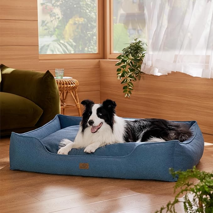 Bedsure Washable Dog Bed for Large Dogs - Waterproof All-Season Foam Dog Beds, Orthopedic Rectangle Cuddle Doggy Beds with Removable Zipper Cover, 36x27x10inches, Blue
