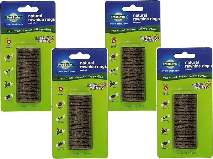 (4 Pack) PetSafe Busy Buddy Refill Ring Dog Treats for Select Busy Buddy Dog Toys, Natural Rawhide, Size A/X-Small to Small