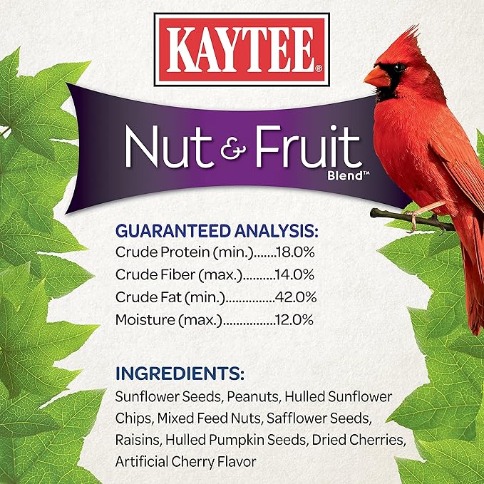 Kaytee Wild Bird Food Nut & Fruit Seed Blend For Cardinals, Chickadees, Nuthatches, Woodpeckers and Other Colorful Songbirds, 10 Pound