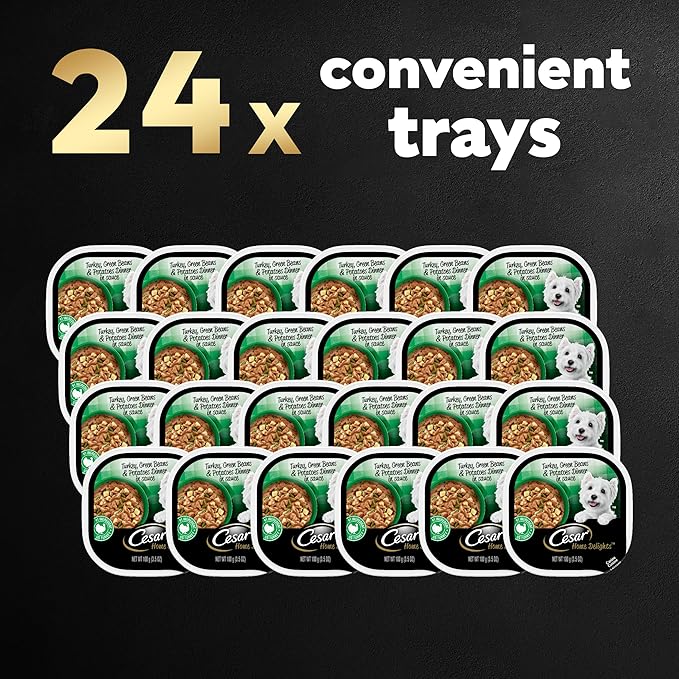 CESAR HOME DELIGHTS Adult Wet Dog Food Turkey, Green Beans & Potatoes Dinner in Sauce, 3.5 oz. Easy Peel Trays, Pack of 24